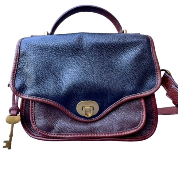 Fossil Heritage Top Handle Crossbody Bag Black & Brown Pebbled Leather - Picture 2 of 15